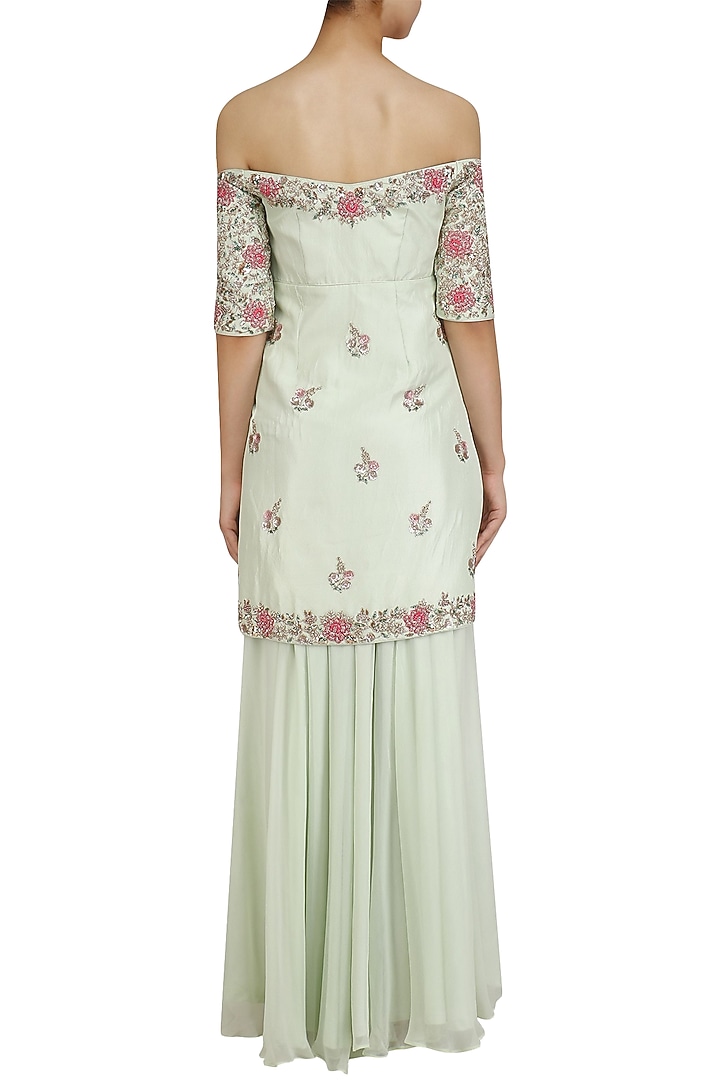 Pear green embroidered kurta and sharara pants set available only at Pernia's Pop Up Shop.