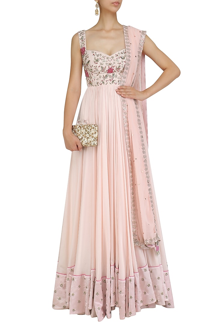 Pink floral embroidered anarkali set available only at Pernia's Pop Up Shop.