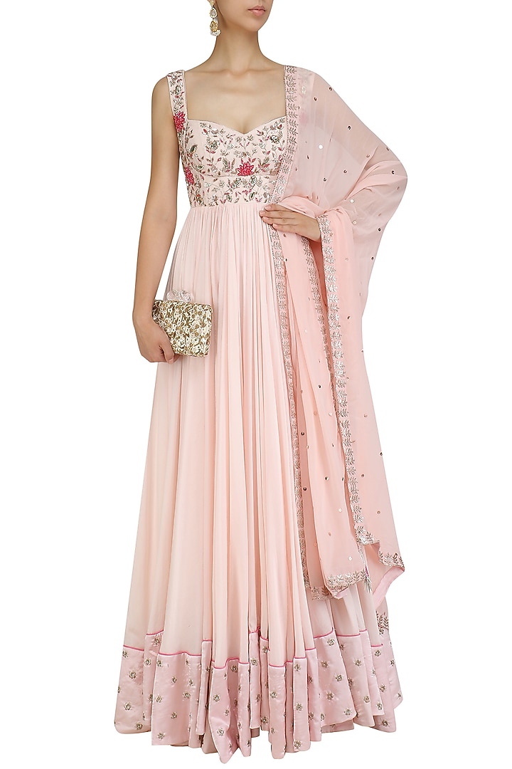 Pink floral embroidered anarkali set available only at Pernia's Pop Up Shop.