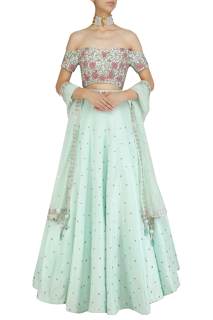 Mint green embroidered blouse and lehenga set available only at Pernia's Pop Up Shop.