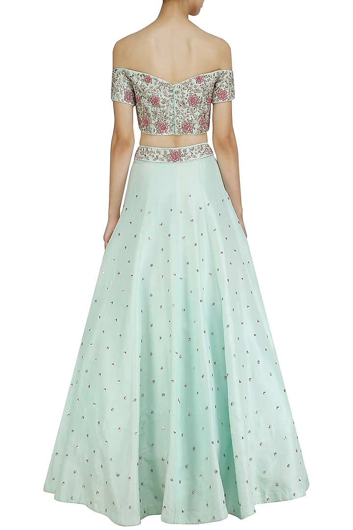 Mint green embroidered blouse and lehenga set available only at Pernia's Pop Up Shop.