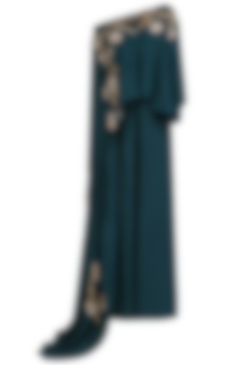 Teal Green Embroidered Cape and Palazzo Pants Set by Mani Bhatia
