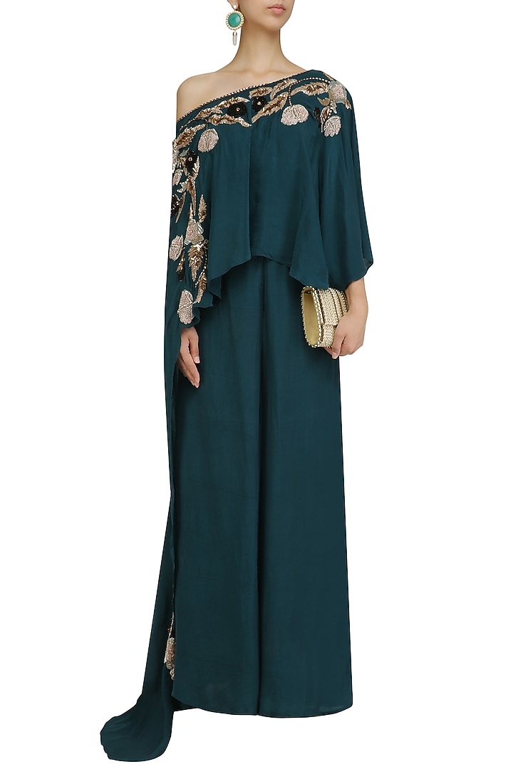 Teal green embroidered cape and palazzo pants set available only at Pernia's Pop Up Shop.