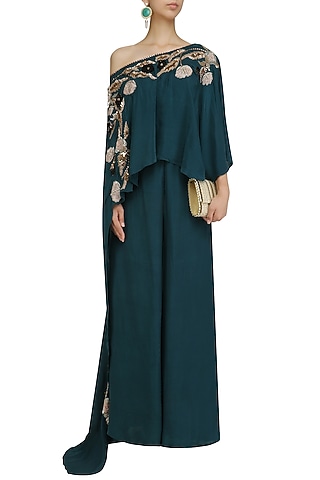 Teal Green Embroidered Cape and Palazzo Pants Set by Mani Bhatia