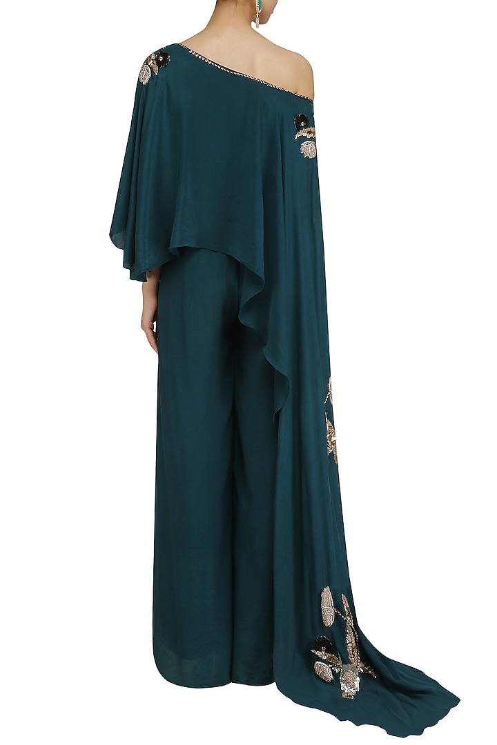 Teal green embroidered cape and palazzo pants set available only at Pernia's Pop Up Shop.