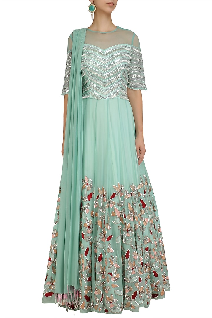 Mint green sequins embroidered anarkali set available only at Pernia's Pop Up Shop.