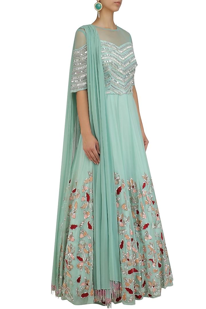 Mint green sequins embroidered anarkali set available only at Pernia's Pop Up Shop.