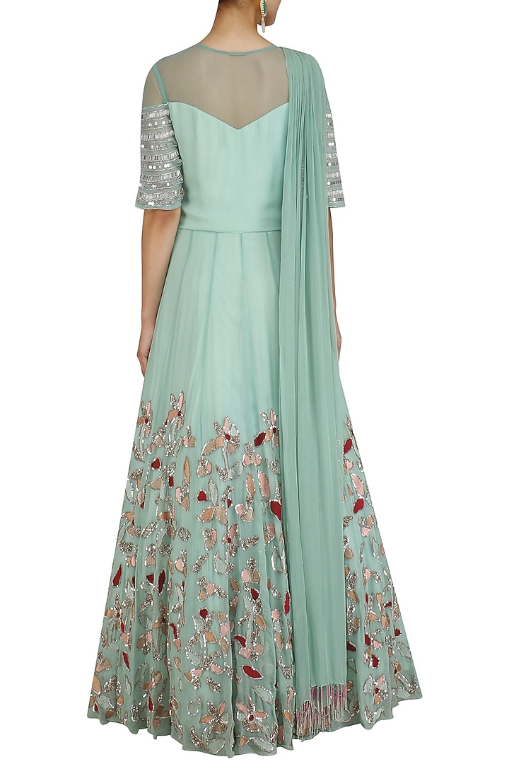 Mint green sequins embroidered anarkali set available only at Pernia's Pop Up Shop.