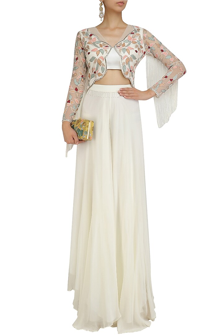 Ivory scalloped jacket, bustier and palazzo pants set available only at Pernia's Pop Up Shop.