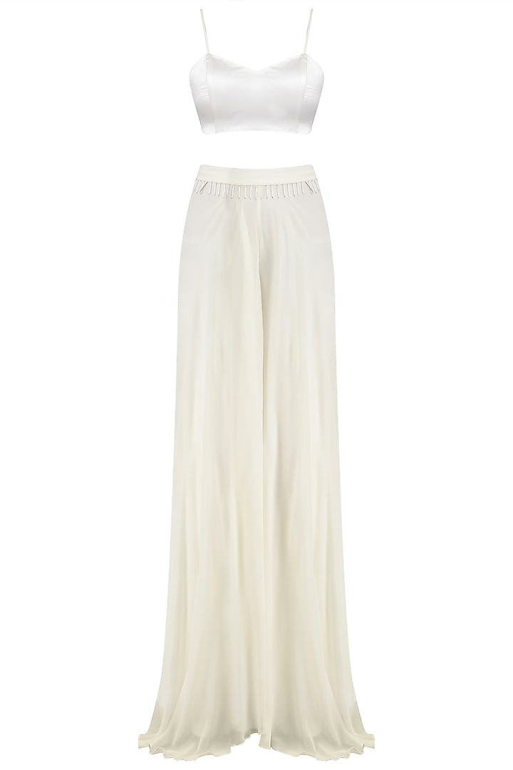 Ivory scalloped jacket, bustier and palazzo pants set available only at Pernia's Pop Up Shop.