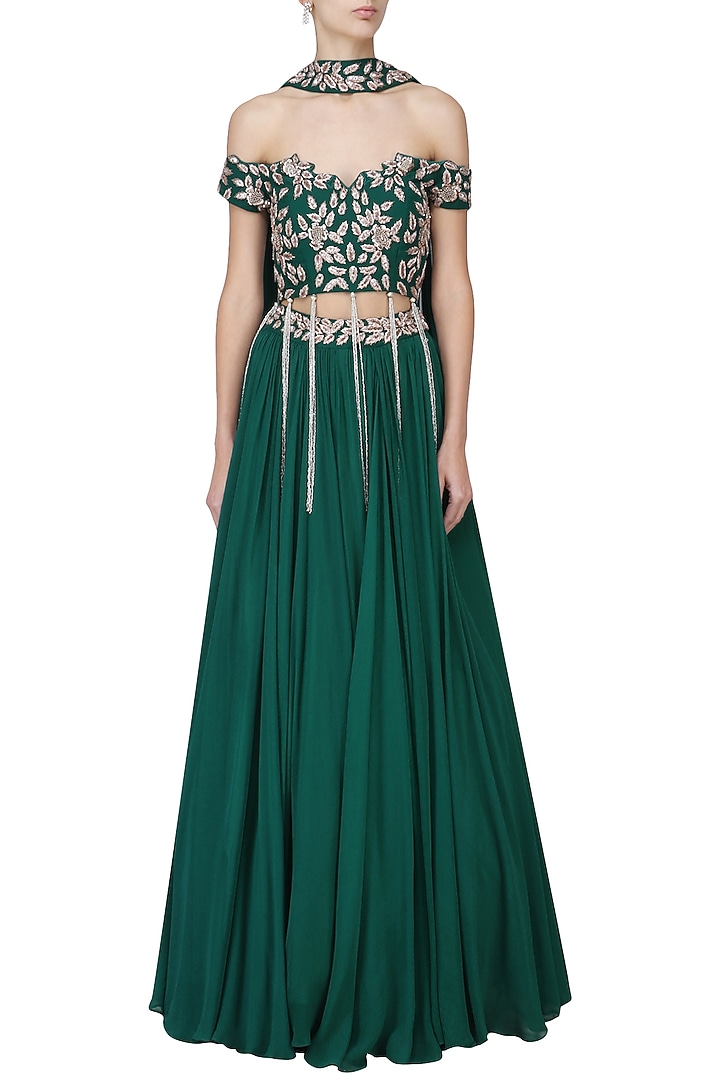 Emerald green mukaish embroidered lehenga set available only at Pernia's Pop Up Shop.