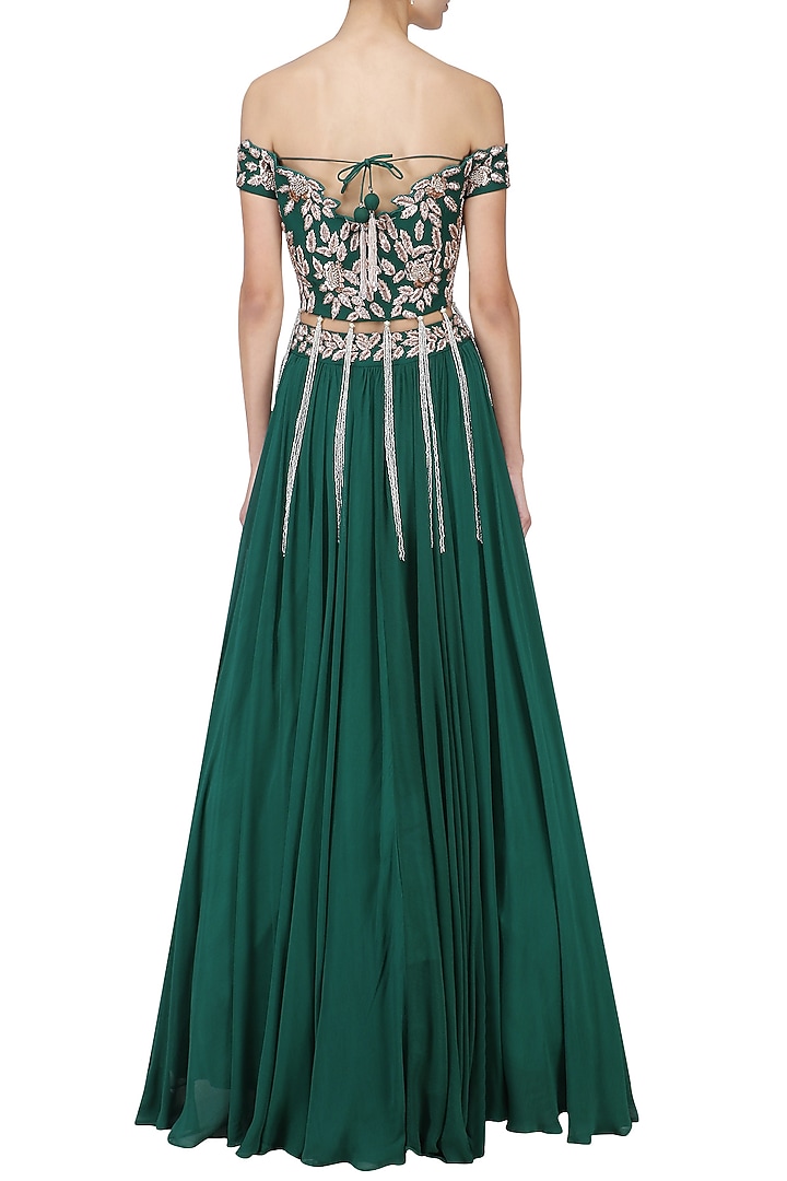 Emerald green mukaish embroidered lehenga set available only at Pernia's Pop Up Shop.