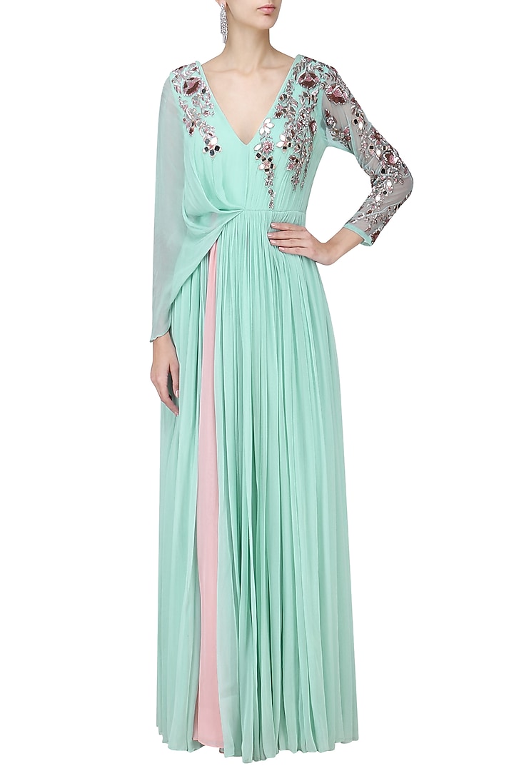 Turqouise blue drape sleeve embroidered gown available only at Pernia's Pop Up Shop.