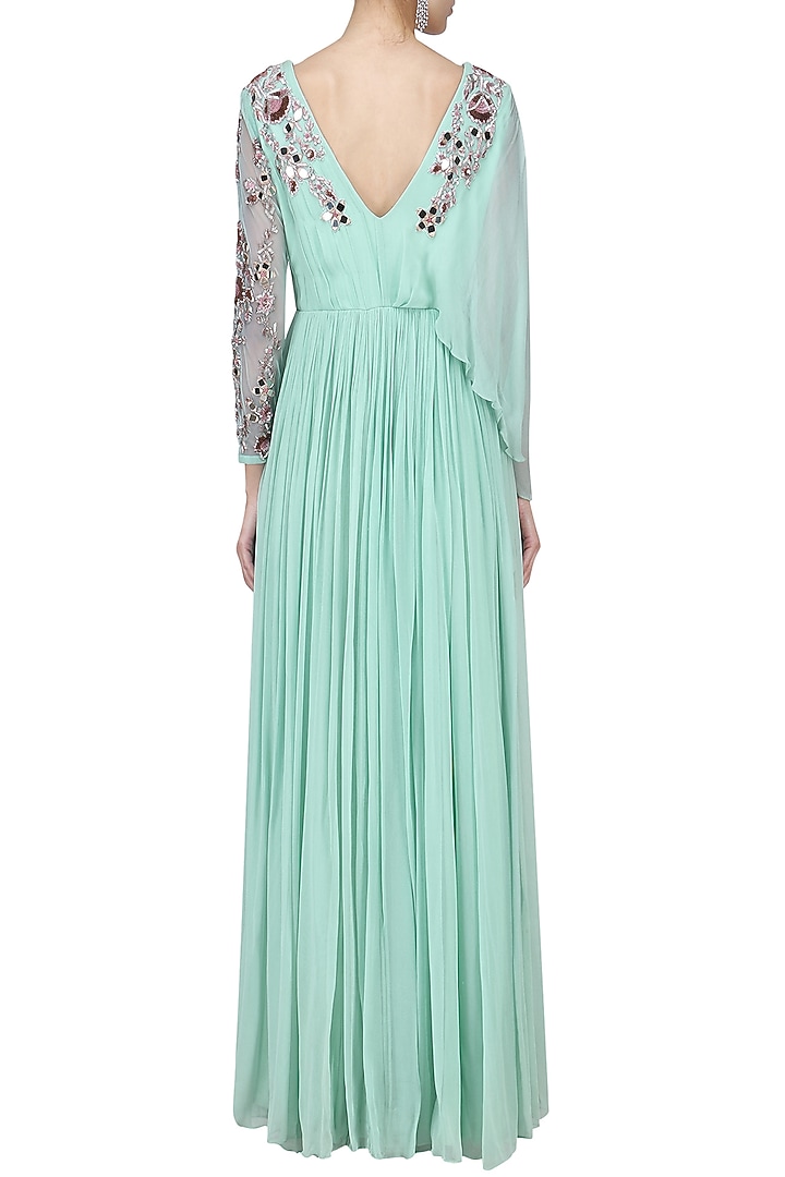 Turqouise blue drape sleeve embroidered gown available only at Pernia's Pop Up Shop.