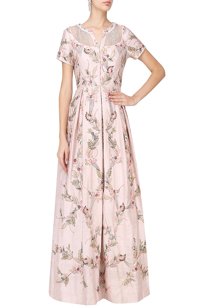 Pink floral embroidered pleated gown available only at Pernia's Pop Up Shop.