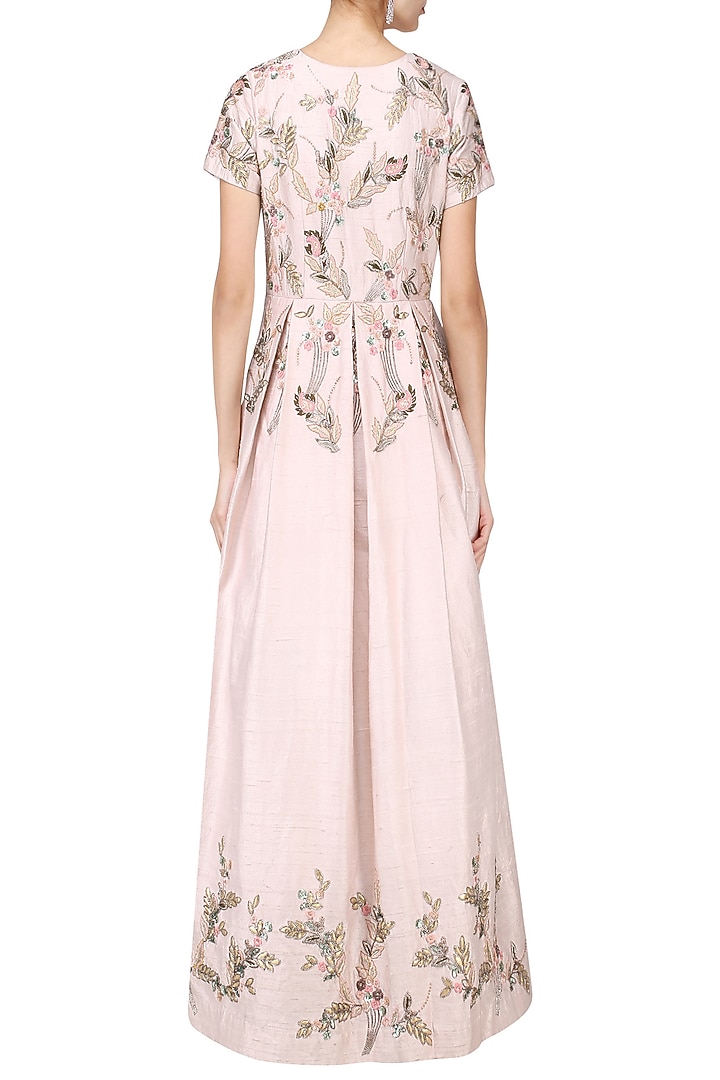 Pink floral embroidered pleated gown available only at Pernia's Pop Up Shop.