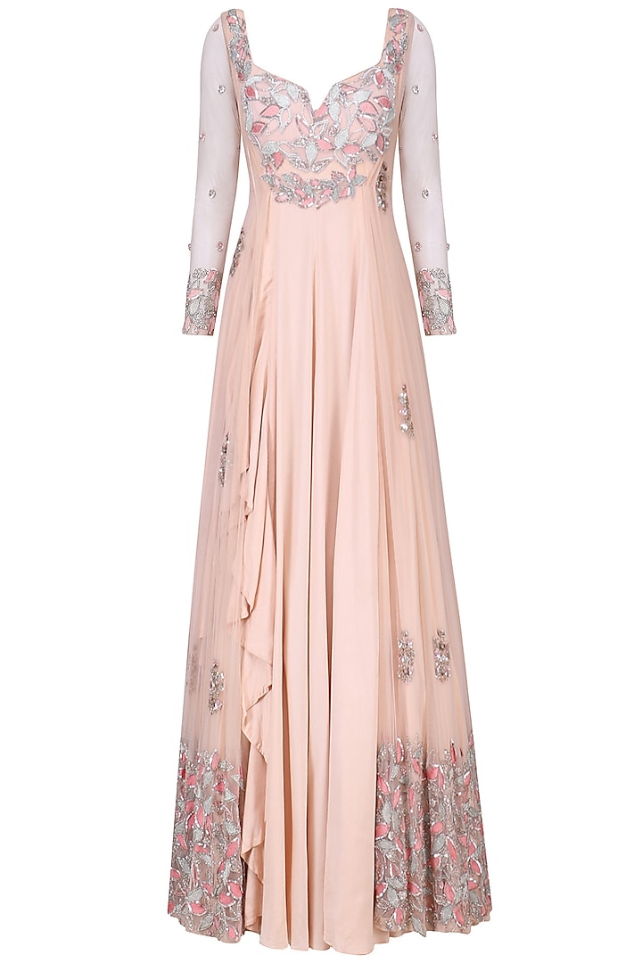 Peach cutdana and zari embroidered anarkali with net jacket available only at Pernia's Pop Up Shop.