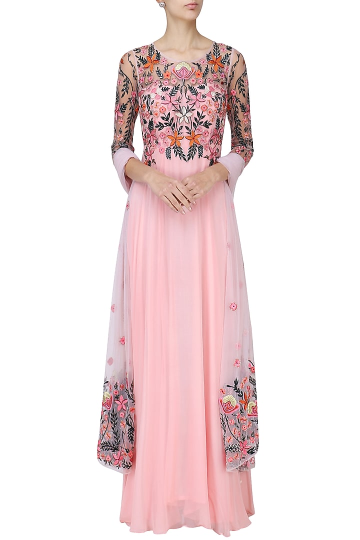 Baby pink resham embroidered anarkali set available only at Pernia's Pop Up Shop.