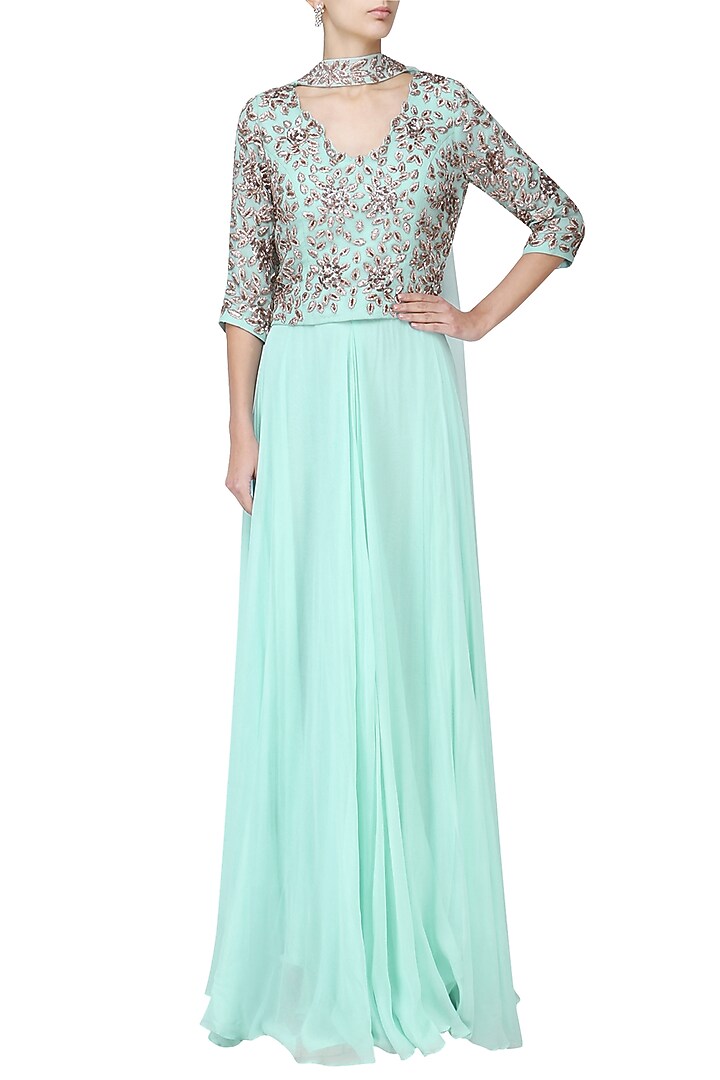 Aqua blue mukaish embroidered top with sharara set available only at Pernia's Pop Up Shop.