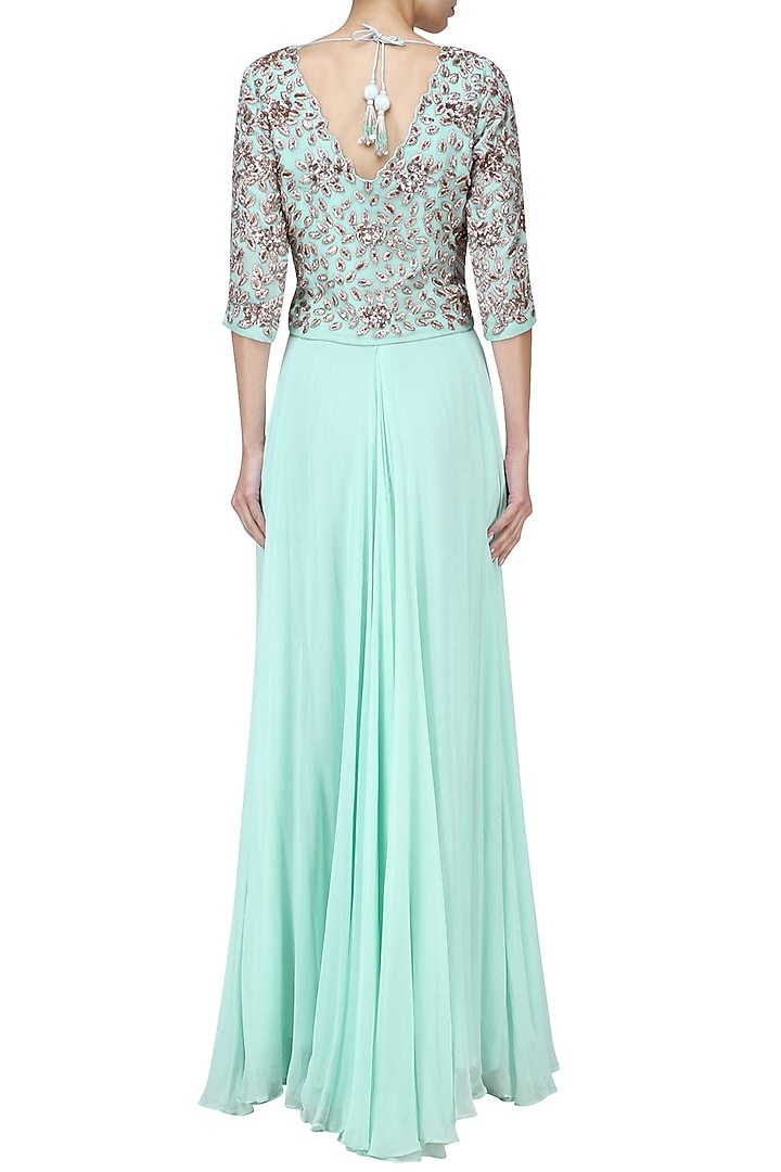 Aqua blue mukaish embroidered top with sharara set available only at Pernia's Pop Up Shop.