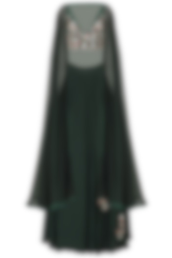 Dark green embroidered lehenga with cape set available only at Pernia's Pop Up Shop.