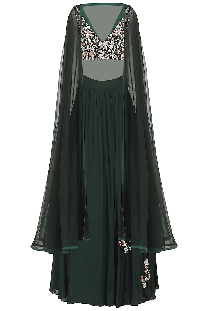 Dark green embroidered lehenga with cape set available only at Pernia's Pop Up Shop.