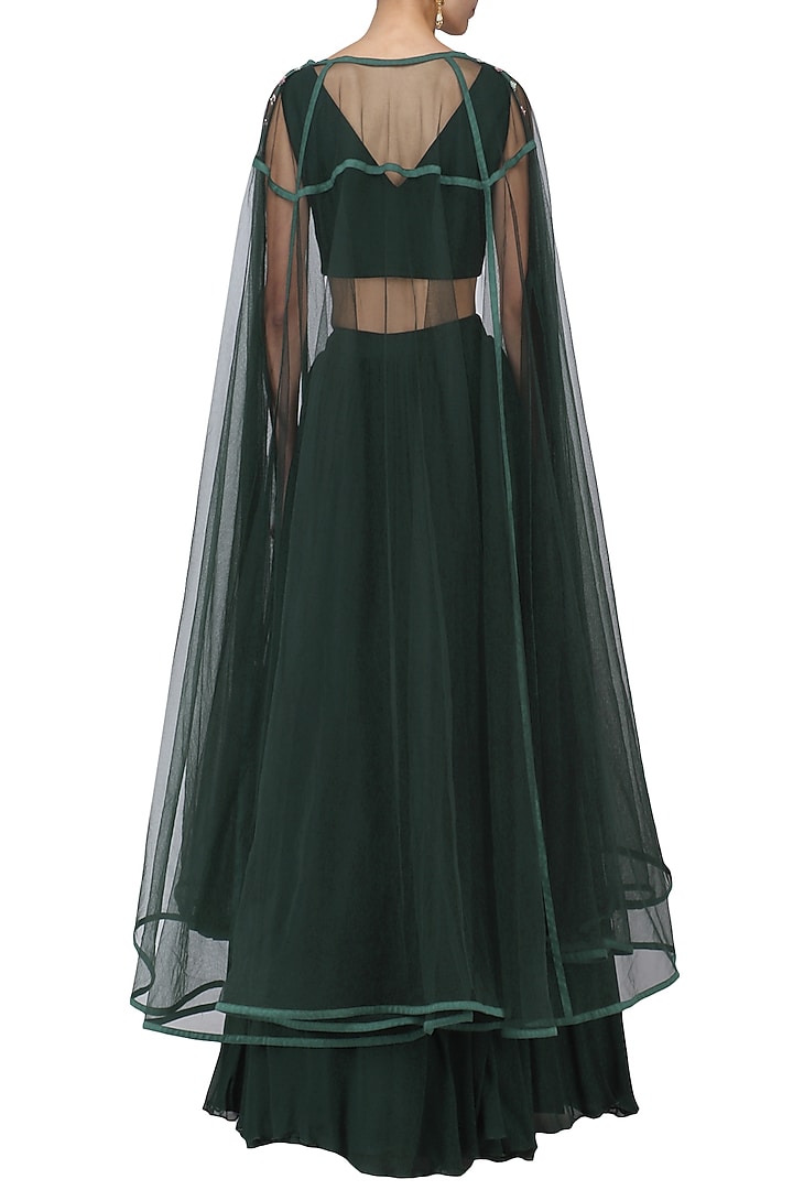 Dark green embroidered lehenga with cape set available only at Pernia's Pop Up Shop.