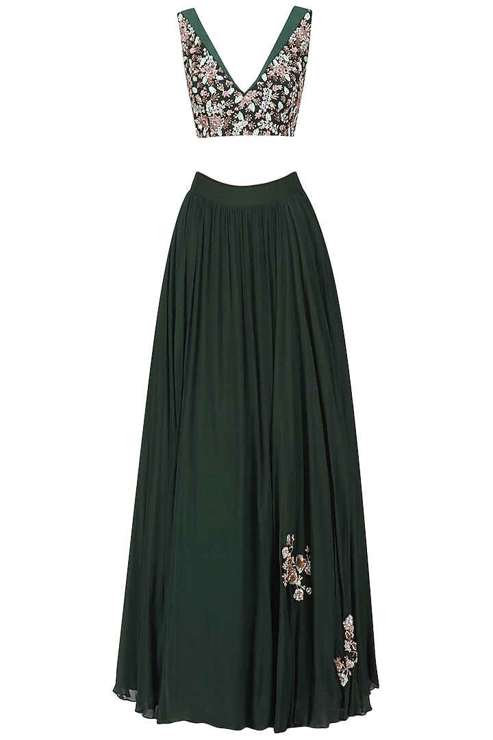 Dark green embroidered lehenga with cape set available only at Pernia's Pop Up Shop.