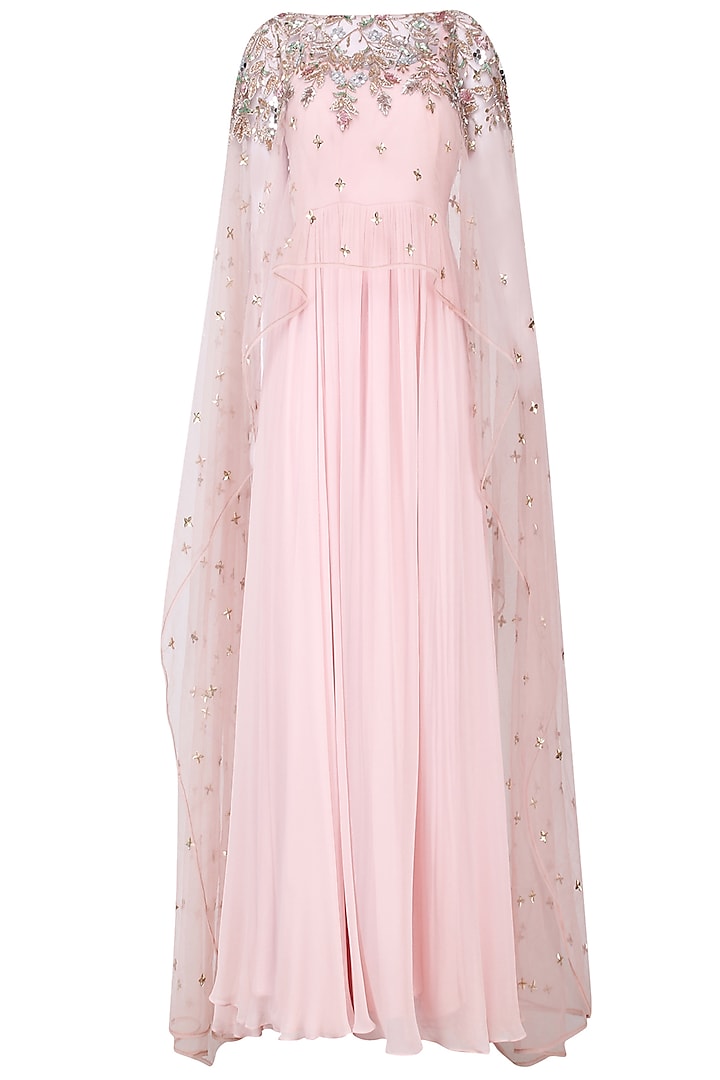 Ice Pink Pleated Anarkali with Embroidered Cape Set by Mani Bhatia