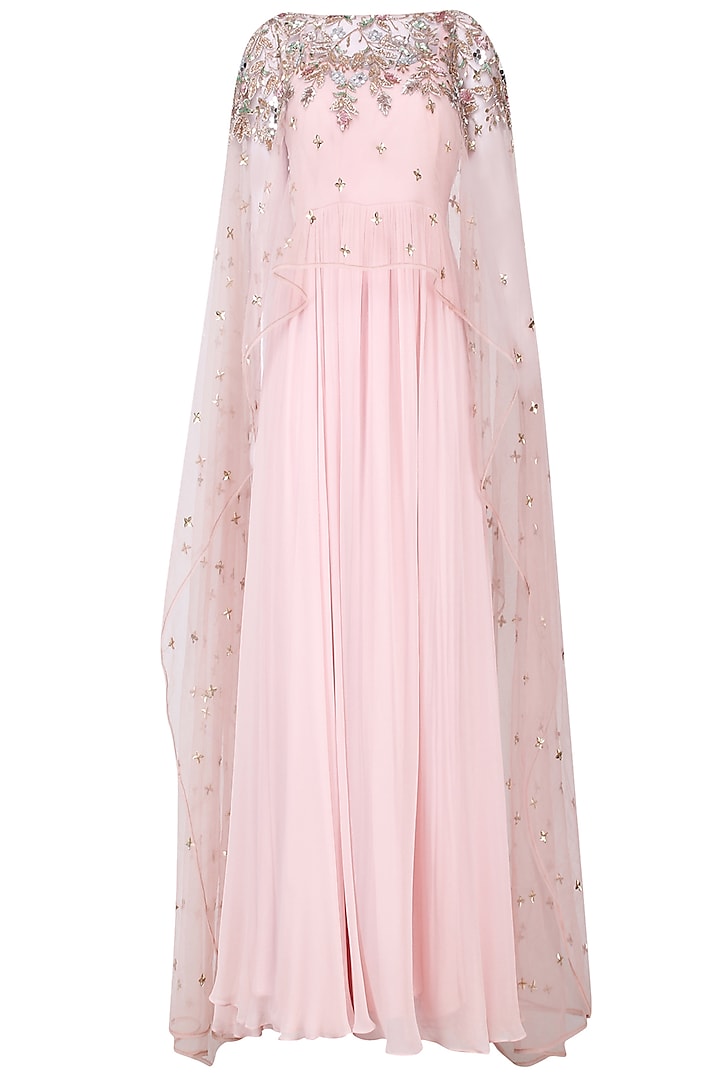 Ice Pink pleated anarkali with embroidered cape set available only at Pernia's Pop Up Shop.