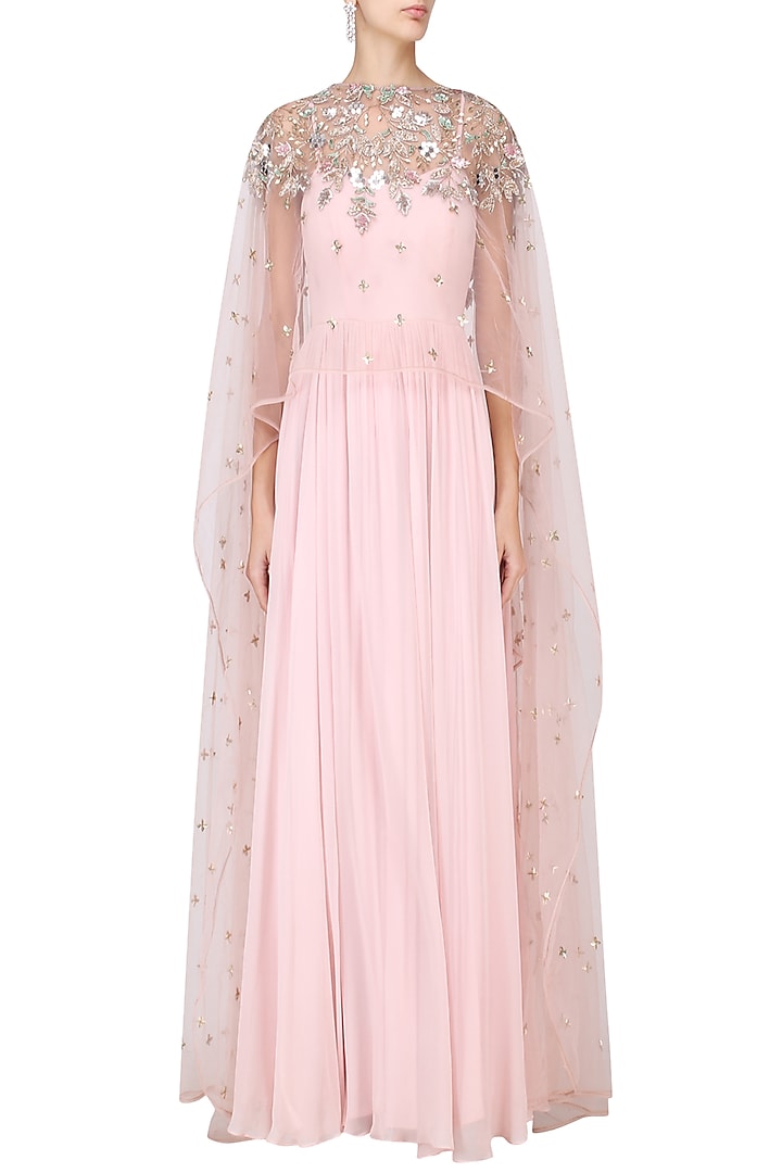 Ice Pink pleated anarkali with embroidered cape set available only at Pernia's Pop Up Shop.