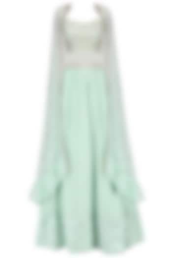 Pista green embroidered lehenga with cape set available only at Pernia's Pop Up Shop.