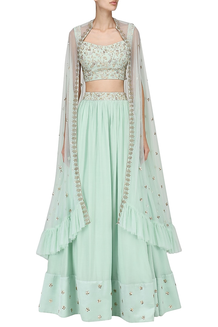 Pista green embroidered lehenga with cape set available only at Pernia's Pop Up Shop.