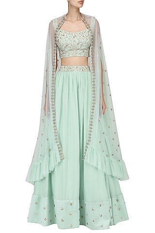 Pista Green Embroidered Lehenga With Cape Set by Mani Bhatia
