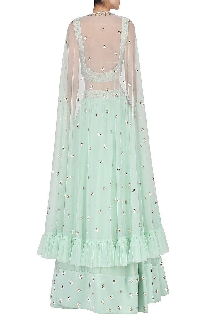 Pista green embroidered lehenga with cape set available only at Pernia's Pop Up Shop.