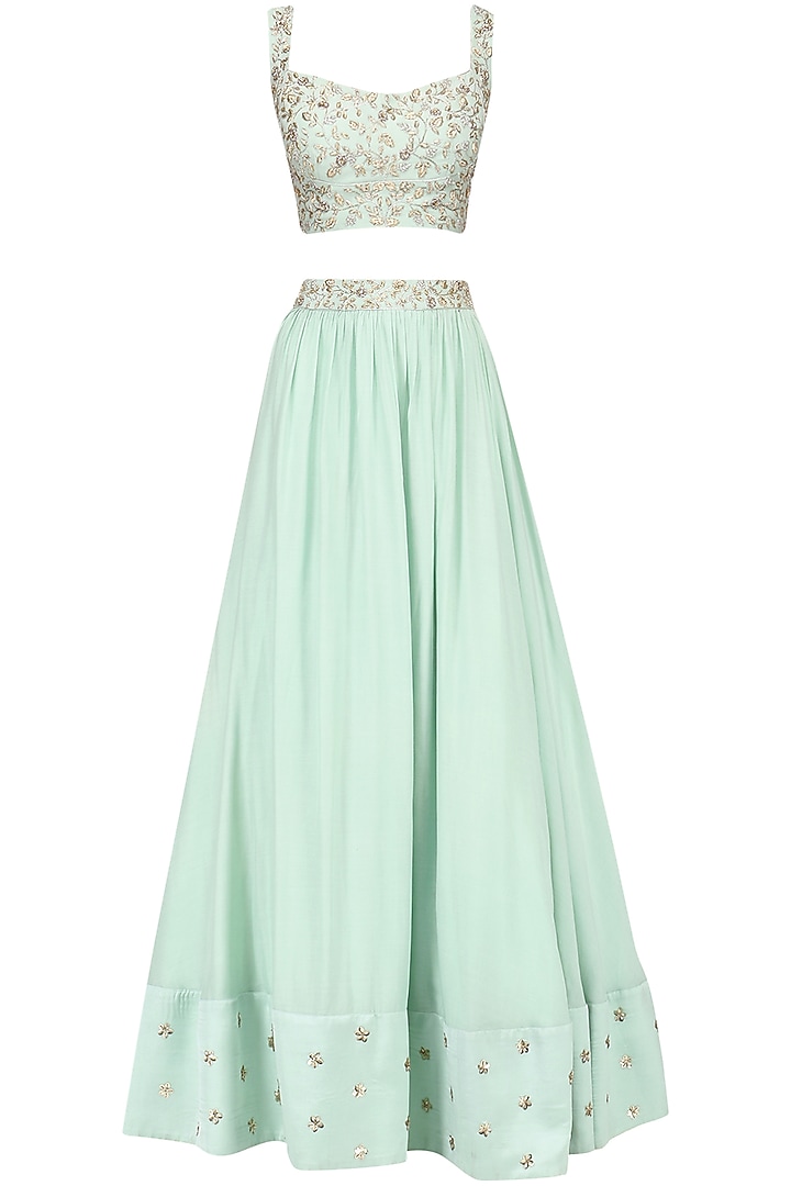 Pista green embroidered lehenga with cape set available only at Pernia's Pop Up Shop.