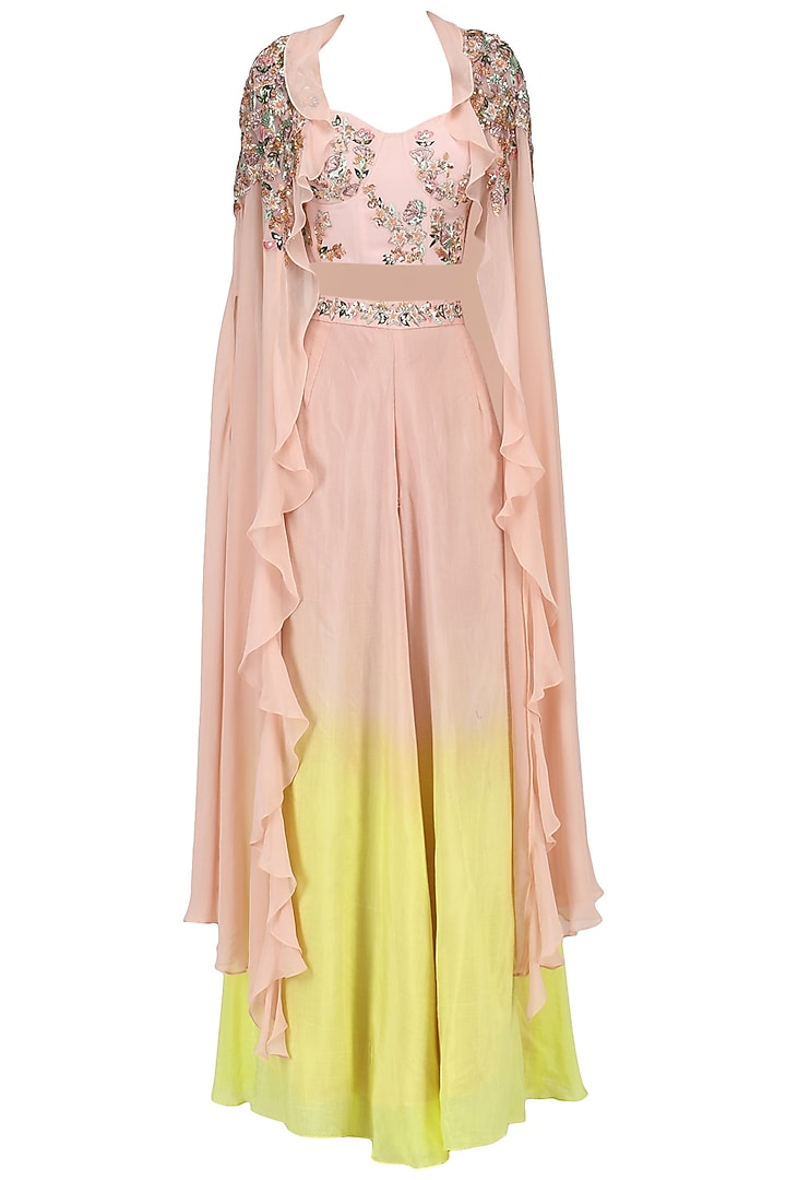 Pink and yellow embroidered bustier, palazzo pants and cape set available only at Pernia's Pop Up Shop.