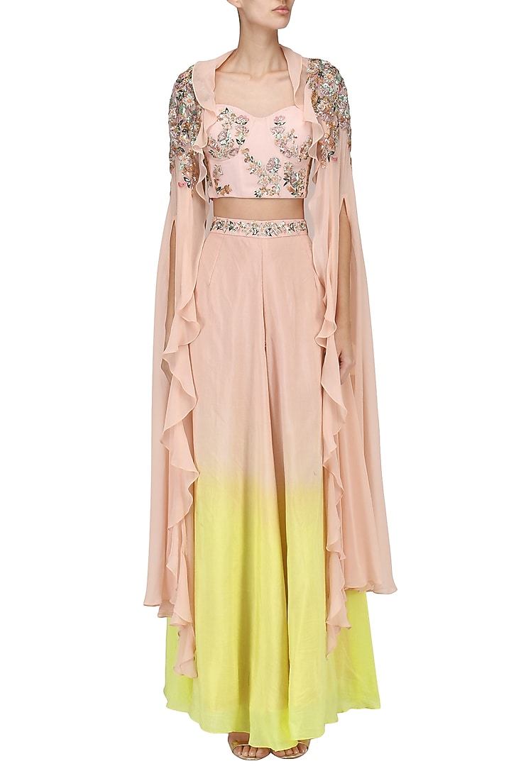 Pink and yellow embroidered bustier, palazzo pants and cape set available only at Pernia's Pop Up Shop.