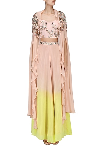 Pink and Yellow Embroidered Bustier, Palazzo Pants and Cape Set by Mani Bhatia