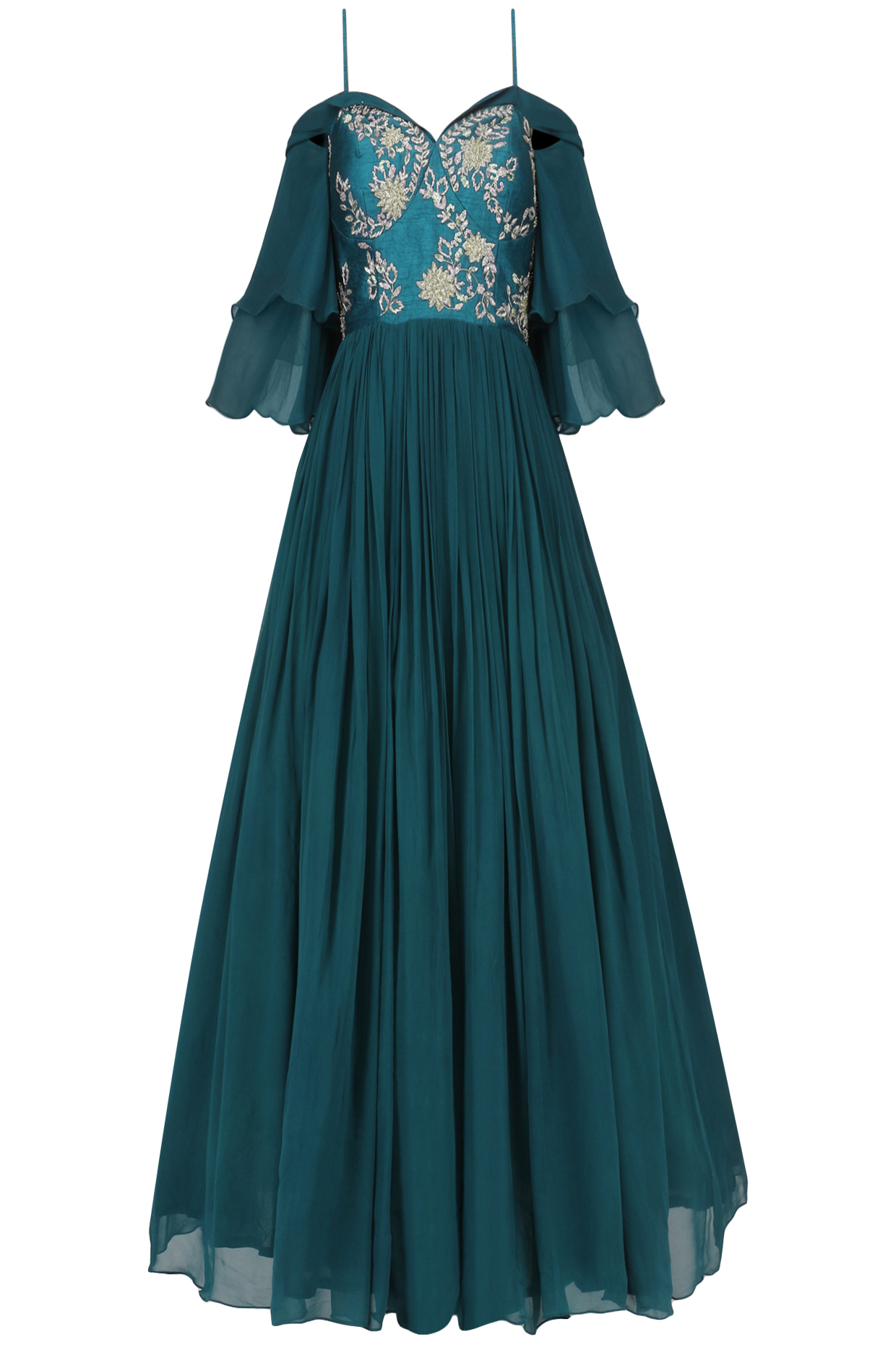 Teal embroidered anarkali set available only at Pernia's Pop Up Shop.