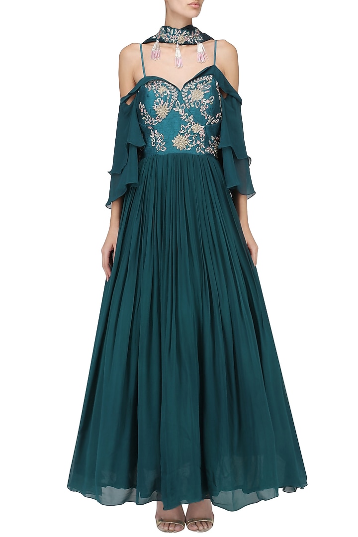 Teal embroidered anarkali set available only at Pernia's Pop Up Shop.