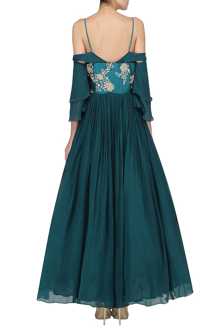 Teal embroidered anarkali set available only at Pernia's Pop Up Shop.