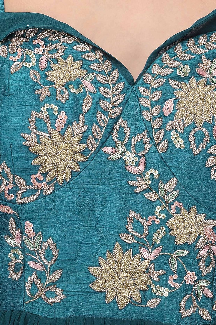 Teal embroidered anarkali set available only at Pernia's Pop Up Shop.
