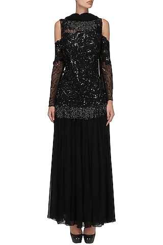 Black Embroidered Anarkali Gown by Mani Bhatia