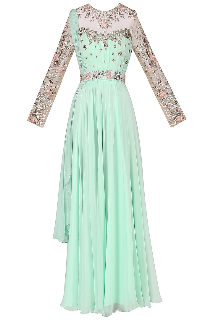 Mint Green Embroidered Anarkali Set by Mani Bhatia