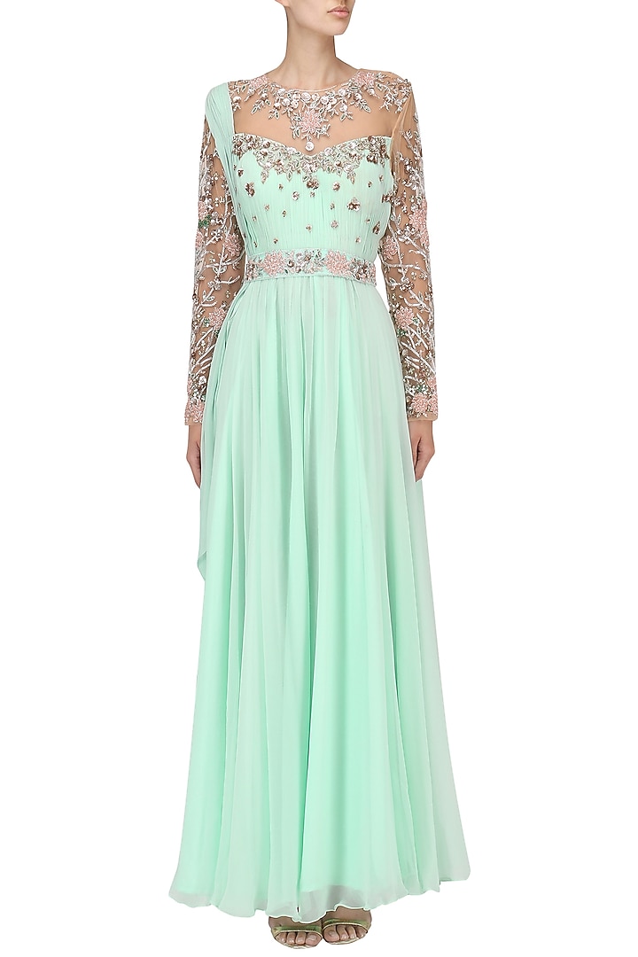 Mint green embroidered anarkali set available only at Pernia's Pop Up Shop.