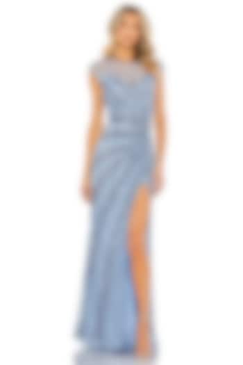 French Blue Mesh Hand Embellished Engagement Gown by Mac Duggal at Pernia's Pop Up Shop