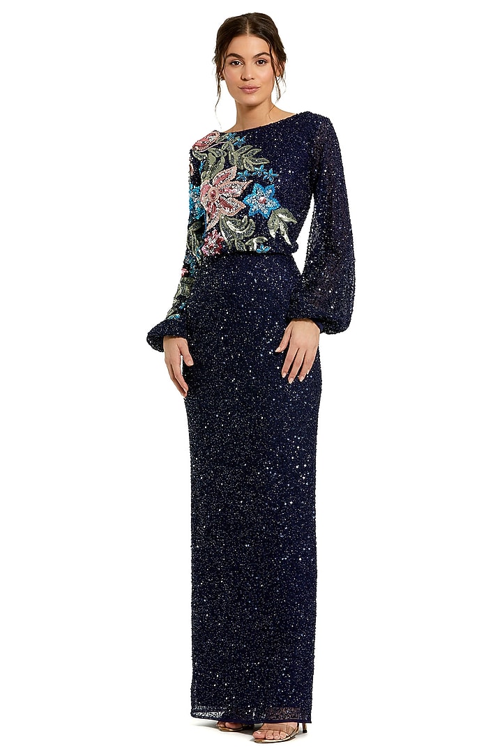 Midnight Blue Sequins Floral Embellished Engagement Gown by Mac Duggal at Pernia's Pop Up Shop