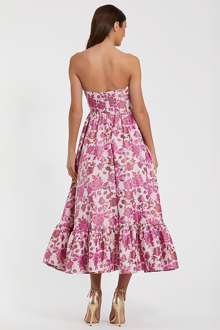 Pink Brocade Strapless A-Line Midi Party Wear Dress by Mac Duggal at Pernia's Pop Up Shop