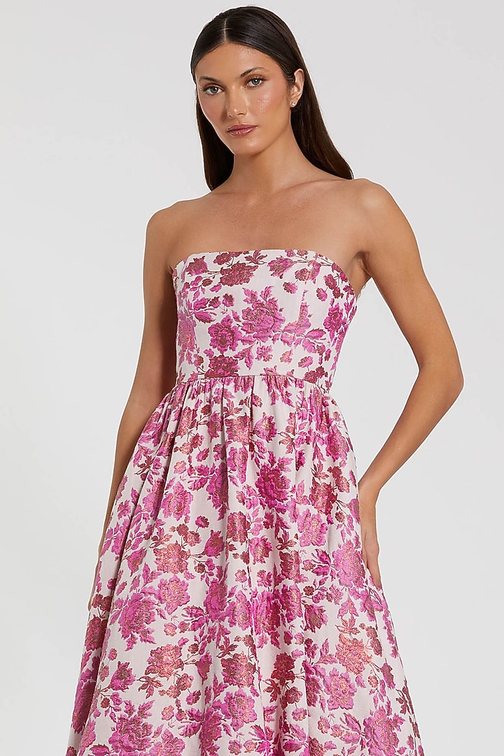 Pink Brocade Strapless A-Line Midi Party Wear Dress by Mac Duggal at Pernia's Pop Up Shop